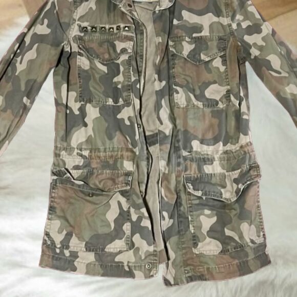 MILITARY UTILITY ARMY CAMO CINCHED DRAWSTRING WAIST STUDDED SMALL JACKET COAT - Picture 10 of 10